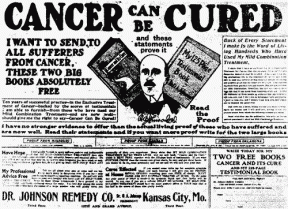 Um anúncio de 1908 oferecendo uma cura milagrosa para o cancro. Via Cancer Treatment Watch.