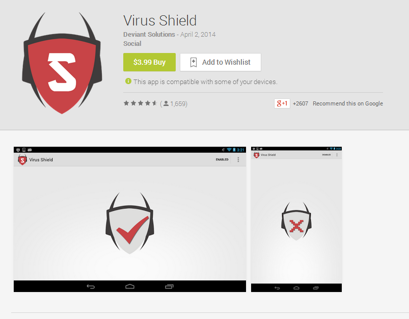 Aplicação Virus Shield na Google Play. Via Android Police.